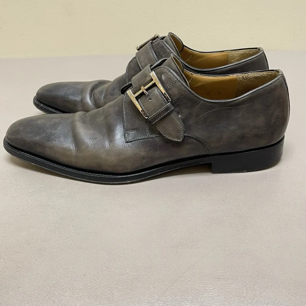 Magnanni Monk Strap Dress Shoes Men 9 M Gray Leather Buckle Brogue Oxford Loafer